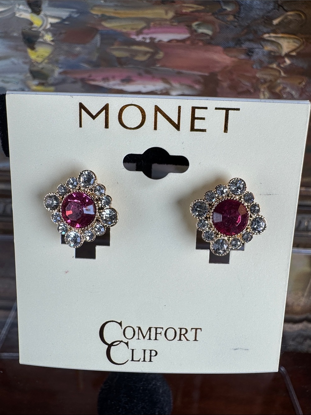 0569-Monet Gold-Tone Pink Crystal Halo Clip-on Earrings